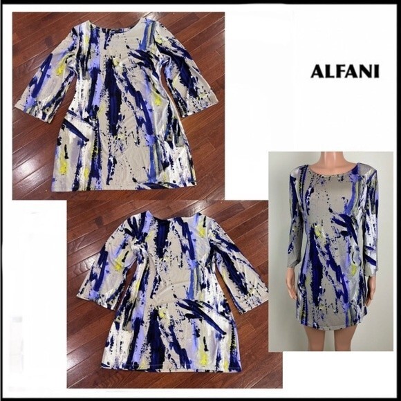Alfani gray and purple artistic print shift dress size petite medium - Picture 1 of 5